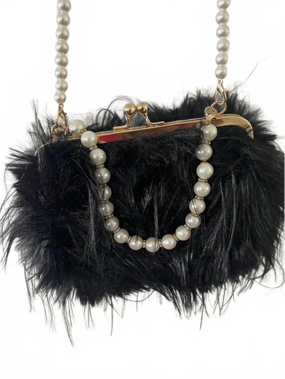 Black Faux Feather Purse with Prominent Pearl Strap.